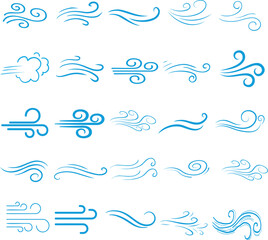 Wall Mural - wind line doodle set. blue hand drawn wind swirls and gusts. decorative breeze symbols for weather, 