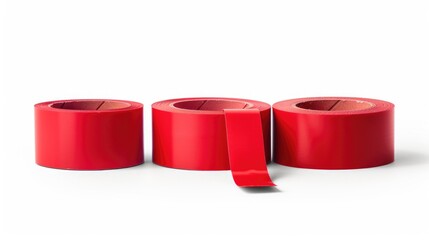 Poster - Three rolls of red tape on a white surface. Perfect for office and organization concepts