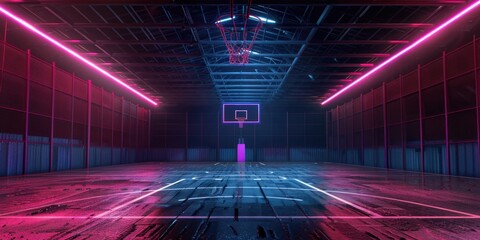 Wall Mural - A basketball court with vibrant neon lights, perfect for sports or urban themed designs