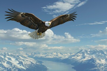 Poster - Majestic eagle soaring above rugged mountain peaks, ideal for nature and wildlife concepts