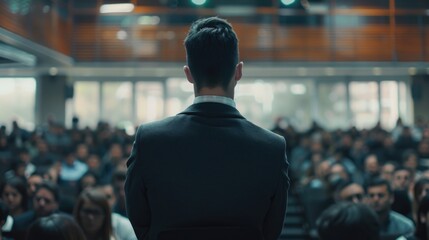 Wall Mural - A man in a suit standing in front of a crowd, suitable for business presentations
