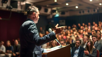 Male CEO passionately delivering an inspirational speech to a diverse and attentive audience, highlighting leadership and motivation in a corporate setting.