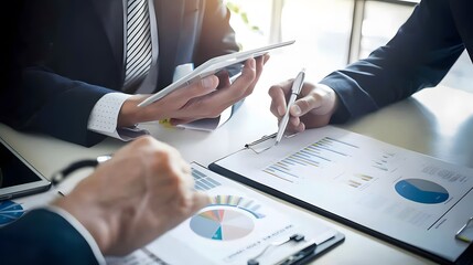 Wall Mural - Business professionals analyzing financial documents and charts during a meeting, discussing strategies for growth and investment.