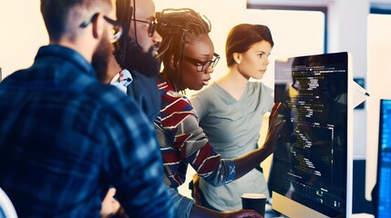 diverse team of engineers collaborating on software development project, analyzing code on a compute