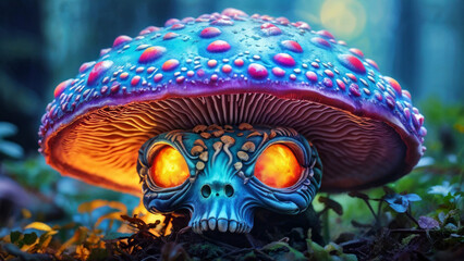 Wall Mural - A brightly colored mushroom with a red and blue spotted cap with a human skull underneath.