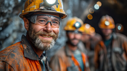 Coal miners at work, a team of coal miners with safety helmets and headlamps in a mining environment.