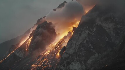 Wall Mural - a timelapse video of a volcano steadily erupting with multiple pyroclastic flows cascading down its 
