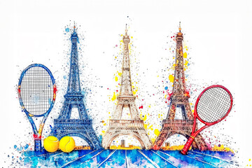 Wall Mural - Watercolor illustration with tennis rackets, balls, and Eiffel Towers, symbolizing spirit of French tennis competitions. Concept for French tennis competitions and outdoor activity promotion