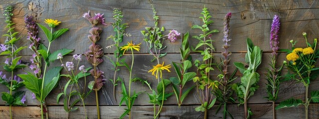 Wall Mural - medicinal flowers on the table top view. selective focus