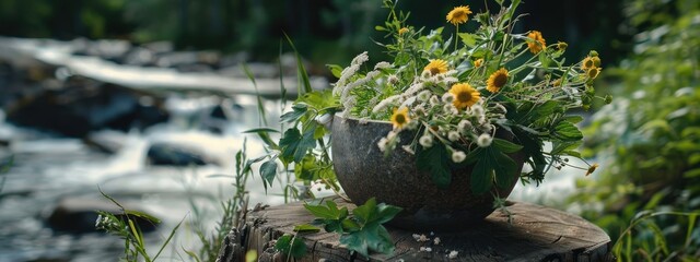 Poster - medicinal flowers of grass in a mortar. selective focus