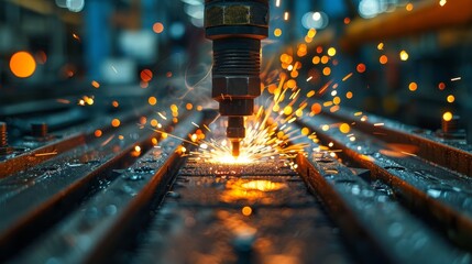 Wall Mural - High definition image of a cutting tool in action, producing bright sparks on the industrial site