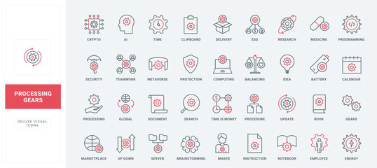 Gears in line icons set. Software update and programming, AI brainstorming, security and protection of ideas and time, employee instructions thin black and red outline symbols vector illustration