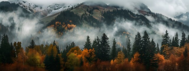 Wall Mural - Autumn Mountains with Mist and Pine Trees