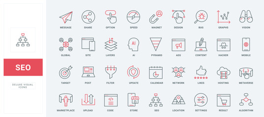 Wall Mural - SEO optimization line icons set. Web traffic statistics and analytics of algorithm, content search, support with magnet and filter of sales thin black and red outline symbols vector illustration