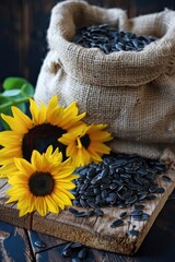 Wall Mural - sunflower seeds and sunflower on the table. Selective focus
