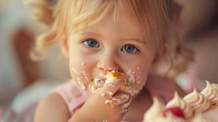 Wall Mural - close-up of a child eating a cake. Selective focus