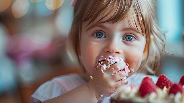 close-up of a child eating a cake. Selective focus