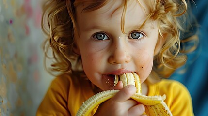 Wall Mural - close-up of a child eating a banana. Selective focus