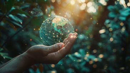 Wall Mural - Man hands holding global network and data customer connection on nature background