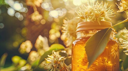 Wall Mural - close-up of a jar of honey with linden. Selective focus