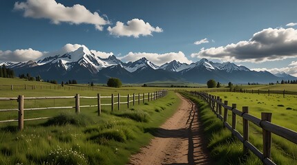 A dirt road in a grassy field with a wooden fence on the right and mountains in the distance.

