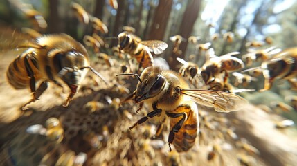 Wall Mural - A stunning macro shot capturing the intricate details of a honeybee mid-flight, with wings in motion