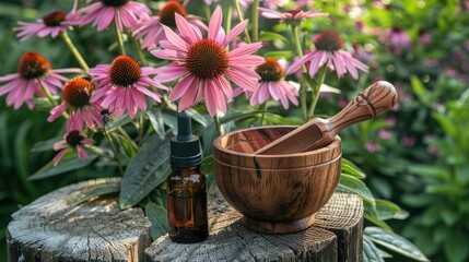 Wall Mural - Echinacea essential oil mortar flowers