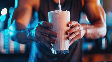 male athlete pours protein powder into a bottle to replace a meal after a workout