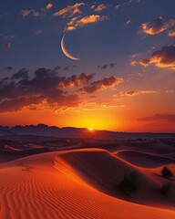 A tranquil desert scene at sunset with a crescent moon on the horizon, allowing space for Eid al-Adha greetings