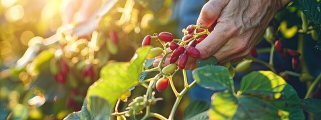 Sticker - a man harvests beans. selective focus