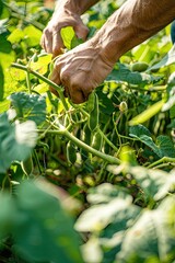 Sticker - a man harvests beans. selective focus
