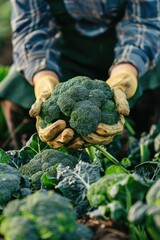 Poster - a man harvests broccoli. selective focus