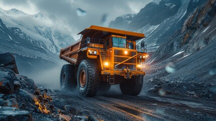 A large mining truck is showcased driving on a dirt road within a quarry with dramatic lighting