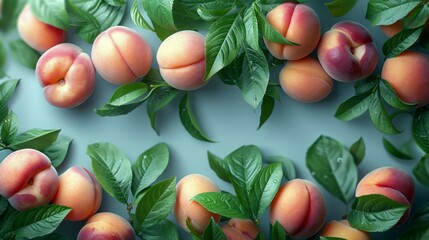 Wall Mural - Fresh peaches with green leaves arranged on a table