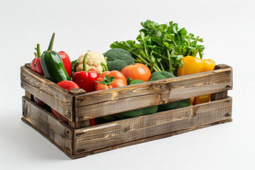 Wall Mural - Pine box full of colorful fresh vegetables on a white background