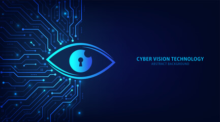 Leinwandbilder - Virtual eye on circuit board. Secure system concept, Virtual eye of internet control surveillance and digital invigilation. Abstract background futuristic Hi-tech style. Vector and Illustration.