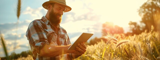 Canvas Print - male farmer with a tablet on the background of the field. selective focus