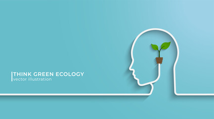 Wall Mural - Head human with leaf brain Ecology concept. Think green save the earth. Eco-friendly concept, vector and illustration.