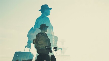 Wall Mural - A close-up image of a bellhop carrying luggage, showcasing helpful service. Double exposure silhouette with a suitcase and copy space for versatility. Ideal for travel and hospitality.