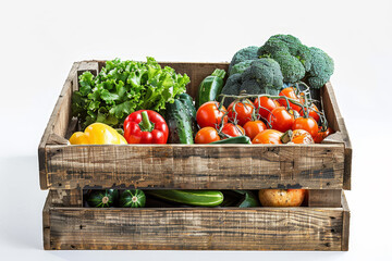 Wall Mural - Pine box full of colorful fresh vegetables on a white background