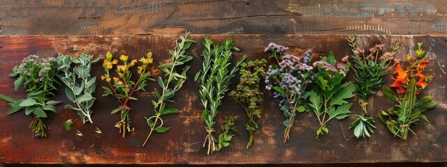 Wall Mural - medicinal flowers on the table top view. selective focus