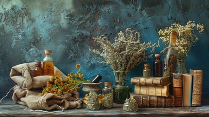 medicinal flowers and herbs on the book table. selective focus