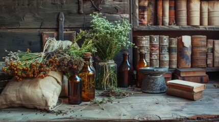 Wall Mural - medicinal flowers and herbs on the book table. selective focus