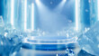 © suriya - Podium for display product. Stage with glass elements, futuristic style, ice crystal material, The overall color tone includes white and sky blue tones in the style of sci fi