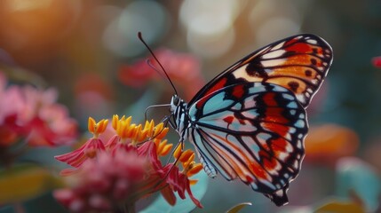 Wall Mural - A close-up of a colorful butterfly resting on a flower, with its delicate wings spread wide. 8k, full ultra HD, high resolution, cinematic photography