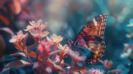 Wall Mural - A close-up of a colorful butterfly resting on a flower, with its delicate wings spread wide. 8k, full ultra HD, high resolution, cinematic photography