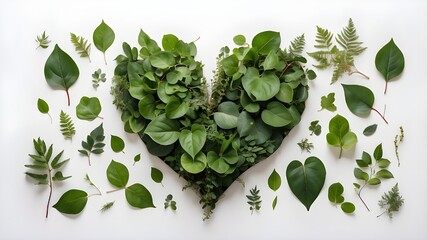 Wall Mural - Top view of greenery and various leaves arranged in a heart form on a desolate white background