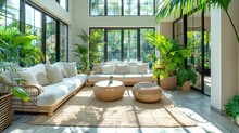 Sunlit Living Room With Lush Indoor Plants And Cozy Comfortable Seating