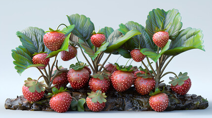 Ripe strawberry plant 3d rendering on white background