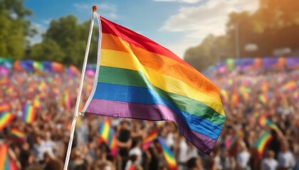 Wall Mural - lgbt flag on the background of the pride parade, queer lgbtq pride month, June 1, the fight against homophobia and bullying, tolerance, summer holiday, freedom and rights